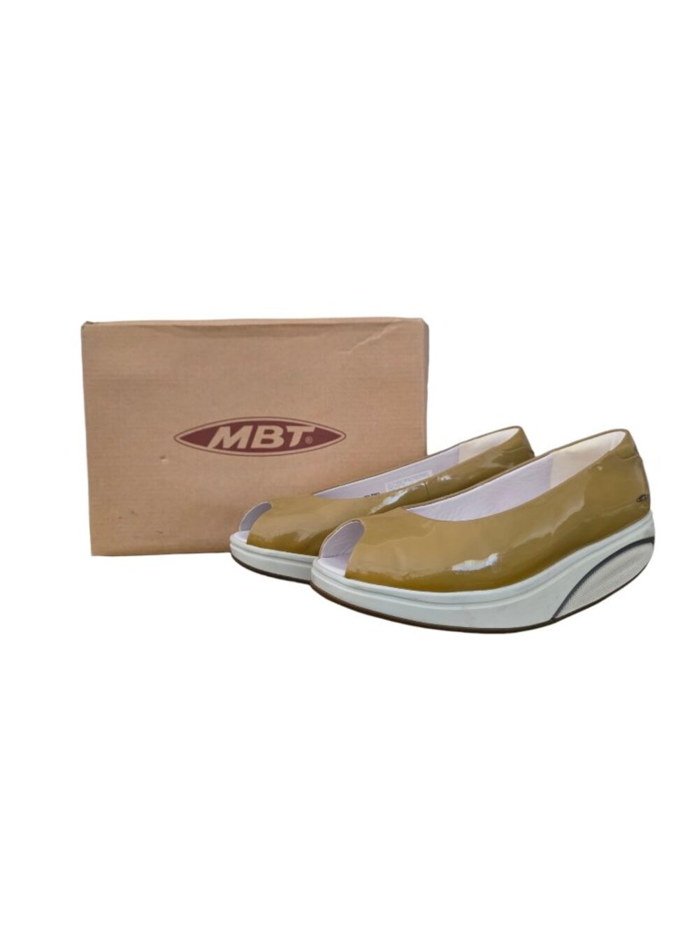 MBT Kianga Tan Peep Toe Patent Leather Slip On Rocker Sole 37 7 Worn Once